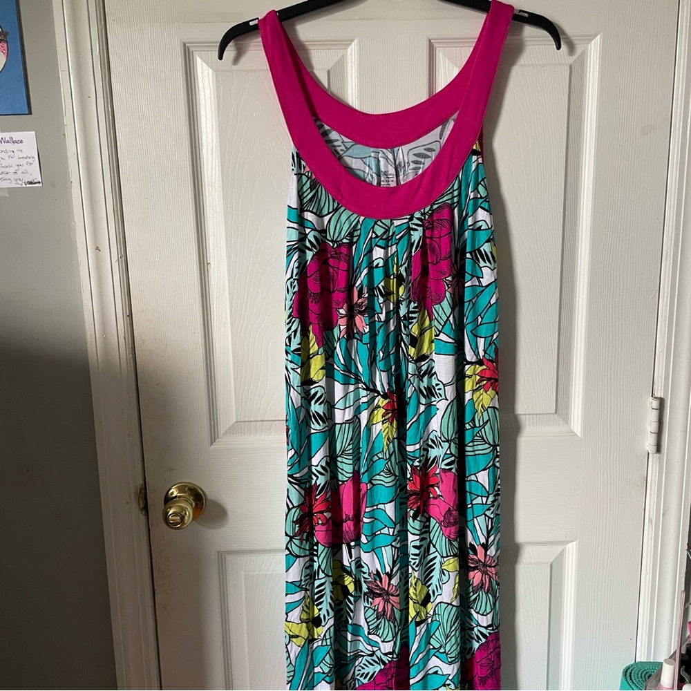 Sleeveless Tropical Maxi Dress with Hot Pink Trim